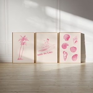 Set of 3 Retro Palm Tree Surfing Seashells Prints Pink, Vintage Tropical Wall Art, Coastal Beach Wall Decor, Printable Art, Digital Download