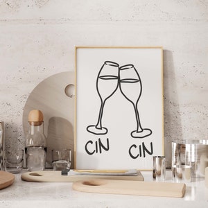 Cin Cin afbeelding afdrukken, handgetekende wijnglas poster, barwagen kunst aan de muur, keuken cocktailkunst, afdrukbare muurkunst, digitale download