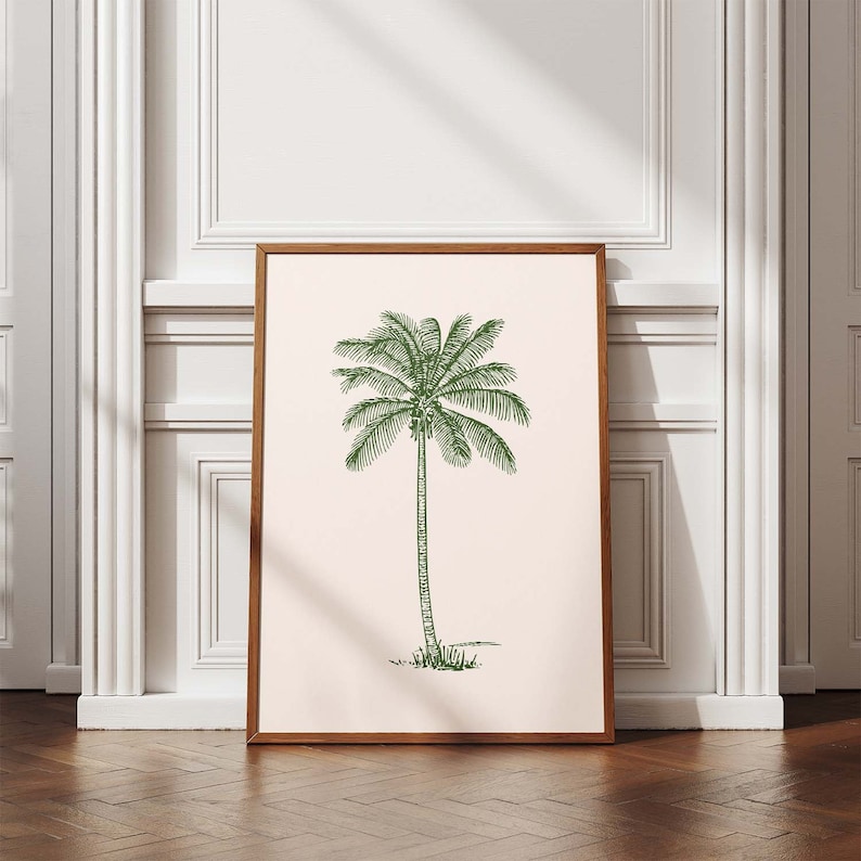 Green Retro Beach Palm Tree Prints Set of 3, Vintage Tropical Wall Art
