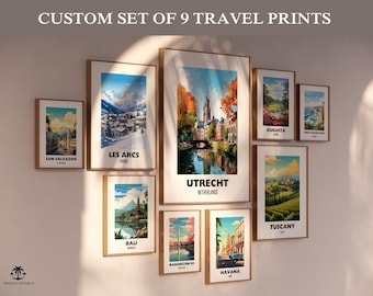 Custom Set of 9 Travel Prints, Personalized City Prints, Digital Download Wall Art, Personalized Gift, Set of 9 Travel Prints, Travel Poster