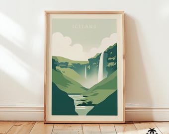 以下が含まれることがあります： アイスランドの様式化された風景を描いた、額入りのアートプリント。アートワークは、緑の丘と山々に囲まれた、川に流れ込む滝を描いています。「ICELAND」の文字が上部に印刷されています。プリントは木製のフレームに入っています。
