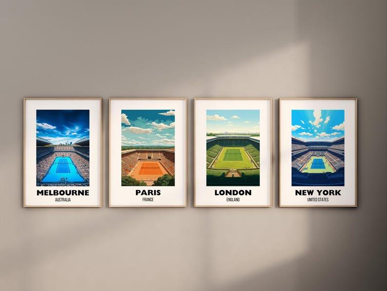 Grand Slam Set of 4, Tennis Poster Prints, Printable Grand Slam Series, Tennis Wall Art, Grass Court, Clay Court, Hard Court, Tennis Majors image 2