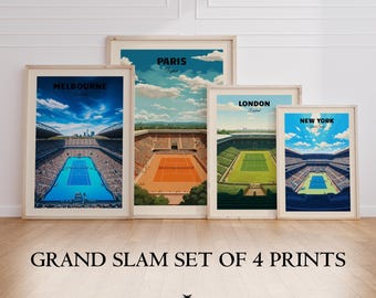 Grand Slam Set of 4, Tennis Majors Poster Prints, Printable Grand Slam Series, Tennis Wall Artwork, Grass Court, Clay Court, Hard Court