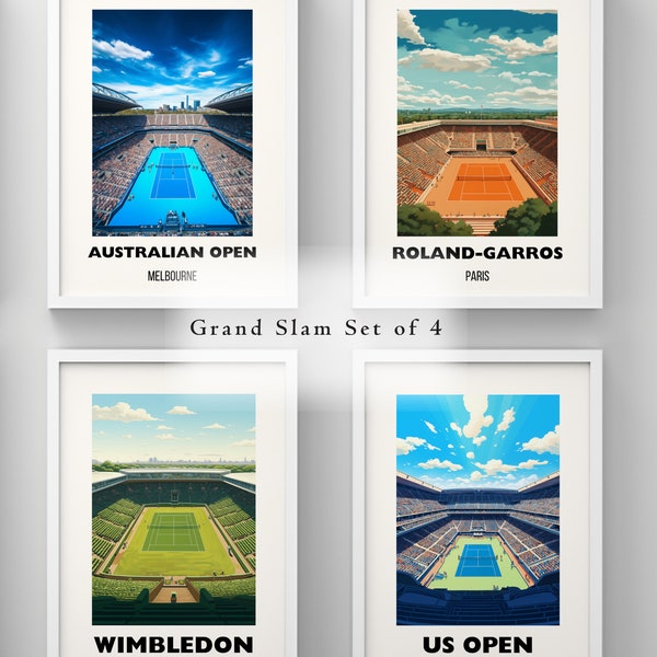 Grand Slam Set of 4, Tennis Poster Prints, Printable Grand Slam Series, Tennis Wall Art, Wimbledon, US Open, Roland Garros, Australian Open