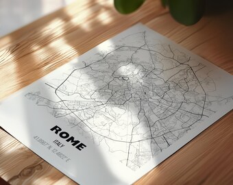 Mapa de Roma, mapa de Italia, arte mural Roma, póster ciudad Roma Italia, mapa blanco y negro, regalo de mapa minimalista