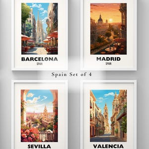 Spain Set of 4 Poster Prints, Spanish Wall Art, Printable Spain Travel Art, Barcelona, Madrid, Sevilla, Valencia, Spain City Gallery Artwork
