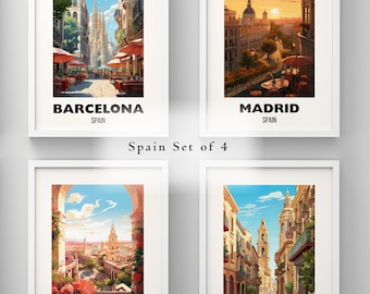 Spain Set of 4 Poster Prints, Spanish Wall Art, Printable Spain Travel Art, Barcelona, Madrid, Sevilla, Valencia, Spain City Gallery Artwork