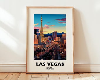 Las Vegas reseaffisch väggkonst, stadskonstposter, resetavlor för USA, Nevada-present, Las Vegas-tryck, väggkonst