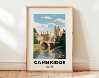 Könnte beinhalten: Gerahmter Kunstdruck mit einer stilisierten Illustration von Cambridge, England. Das Bild zeigt eine Brücke über einem Fluss mit Gebäuden und Bäumen. Der Text "CAMBRIDGE ENGLAND" steht unten. Der Druck ist in einem Holzrahmen.