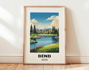 May include: A framed art print featuring a scenic view of Bend, Oregon. The artwork depicts a serene lake surrounded by lush greenery, trees, and buildings under a bright blue sky with fluffy clouds. The text "BEND OREGON" is displayed at the bottom.