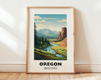 May include: Framed art print featuring a scenic landscape of Oregon, United States. The artwork depicts a river winding through a valley, with mountains in the background. The print has a wooden frame and includes the text "OREGON UNITED STATES".