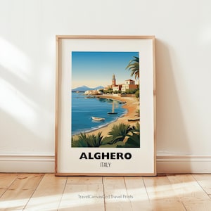 May include: Framed art print of Alghero, Italy, featuring a coastal scene with a town, boats, and palm trees. The artwork has a warm color palette with blue, beige, and green hues. The text "ALGHERO ITALY" is displayed at the bottom.