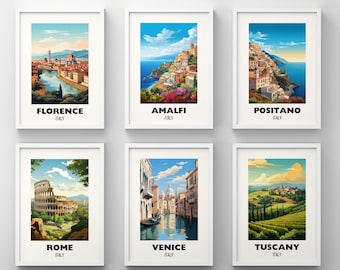 Set of 6 Italy Poster Prints Wall Art, Amalfi Positano Florence Venice Rome Tuscany Digital Prints, Printable City Art Italian Travel Poster