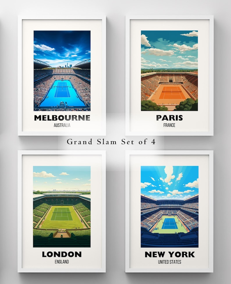 Grand Slam Set of 4, Tennis Poster Prints, Printable Grand Slam Series, Tennis Wall Art, Grass Court, Clay Court, Hard Court, Tennis Majors image 1