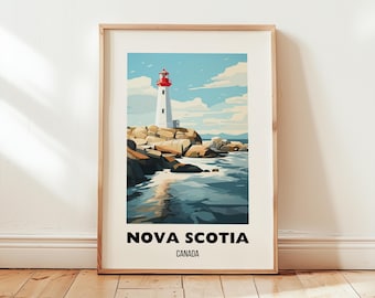 Könnte beinhalten: Gerahmter Kunstdruck mit einem Leuchtturm an einer felsigen Küste unter blauem Himmel mit Wolken. Der Leuchtturm ist weiß mit roter Spitze. Die Worte "NOVA SCOTIA CANADA" sind unten aufgedruckt. Der Druck ist in einem Holzrahmen.