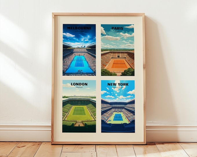 Tennis Grand Slam Tournaments Poster, Tennis Tournaments Wall Art , Tennis Courts Art Print, Tennis Gift, Tennis Wall Art Decor, All 4 In 1