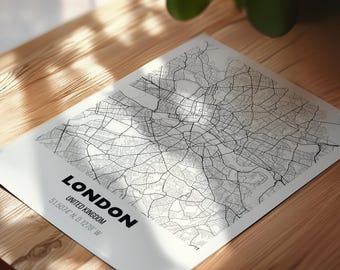 London Map Print, UK Maps, London City Map Poster, England Street Artwork Decor, United Kingdom, Black and White Map, Minimal Town Map Gift