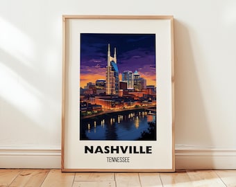 Grafika ścienna z motywem miasta Nashville, plakat z podróżą do Nashville, prezent z podróży do Tennessee, plakat z Tennessee, prezent z Nashville