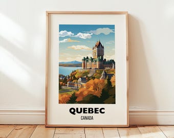 Puede incluir: Impresión artística enmarcada que presenta una ilustración en acuarela de la ciudad de Quebec, Canadá. La obra de arte representa un gran castillo en la cima de una colina con follaje otoñal, un lago y un cielo azul con nubes. Las palabras "QUEBEC" y "CANADA" están impresas en negro en la parte inferior.