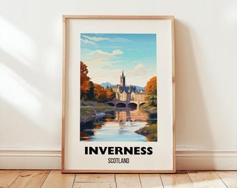 May include: Framed art print of Inverness, Scotland, featuring a watercolor-style landscape. The artwork depicts a castle, bridge, and river with autumn foliage. The text "INVERNESS SCOTLAND" is displayed at the bottom of the print.