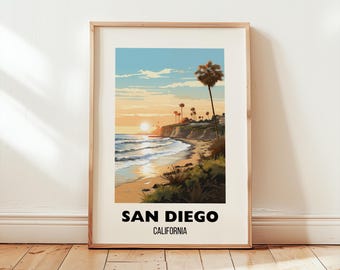 Plakat z podróży do San Diego, grafika ścienna z motywem miasta w stylu retro, grafika kalifornijskim, grafika ścienna z San Diego, prezent z San Diego, grafika z San Diego