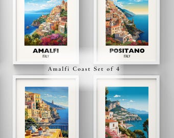 Amalfi Coast Italy Set of 4, Amalfi Coast Poster Prints, Italy Wall Art, Printable Amalfi Coast Travel Art, Capri, Positano, Sorrento Print