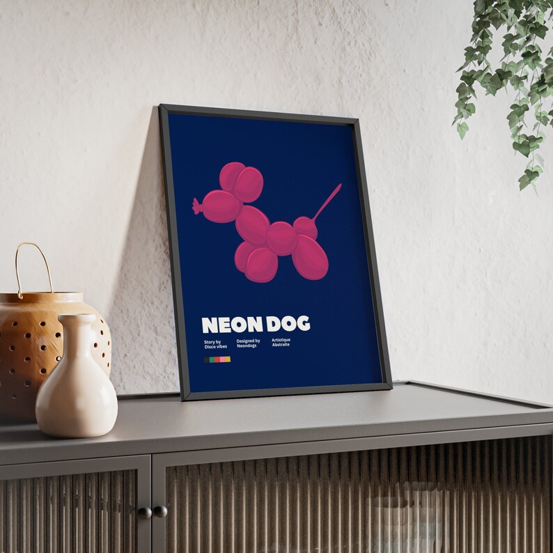 Affiches de chien en ballon d'art néon avec cadre en bois image 2