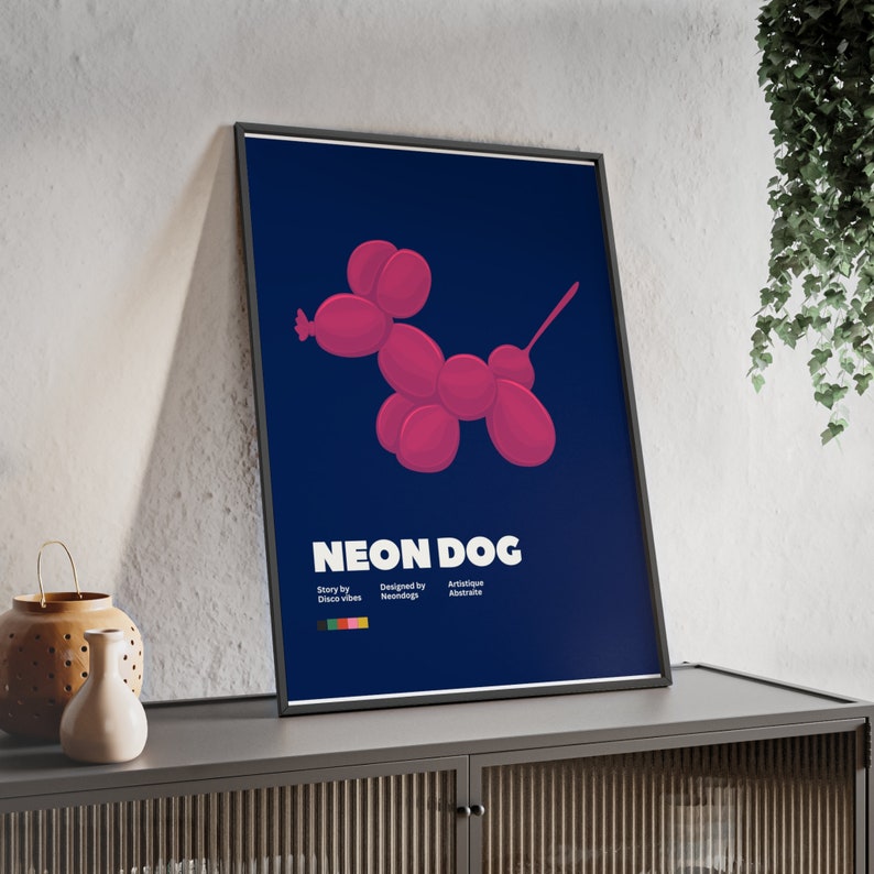 Affiches de chien en ballon d'art néon avec cadre en bois image 1