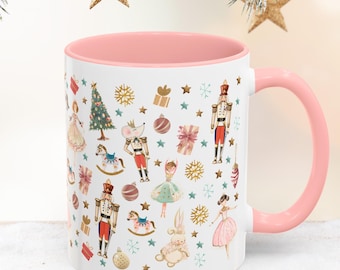 Nutcracker Mug: Christmas Gift, Whimsical Accent Coffee Mug, Cute Drinkware, Color Handle Ceramic Mug, Cheerful Holiday Gift for Tea Lovers