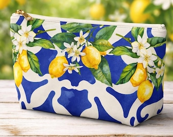 Amalfi Coast Lemon Pouch, Mediterranean Blue Tile Makeup Bag, Italian Summer Zipper Cosmetic Pouch, Travel Organizer Gift for Her