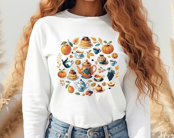 Cute Pumpkin Sweatshirt, Tea Lover Gift, Cozy Autumn Crewneck, Fall Pullover for Women, Thanksgiving Gift, Gift for Her, Cozy Teapot Shirt