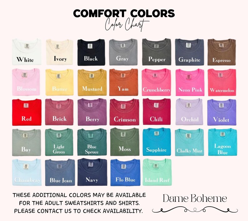 K&ouml;nnte beinhalten: Farbtabelle von Comfort Colors T-Shirts in verschiedenen Farbt&ouml;nen, darunter Wei&szlig;, Schwarz, Rot und Blau. Die Tabelle zeigt eine Reihe von Farben wie Blossom, Mustard und Crimson, mit dem Text "Comfort Colors Color Chart" oben.