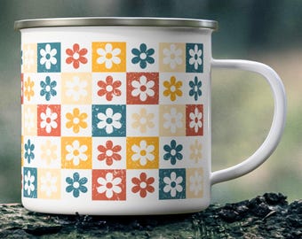Retro Floral Cup, Daisies Mug Enamel Camping Mug, Floral Camping Mug, Flower Coffee Cup