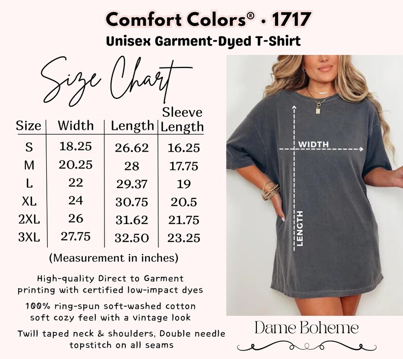 K&ouml;nnte beinhalten: Gr&ouml;&szlig;entabelle f&uuml;r ein Unisex-T-Shirt von Comfort Colors 1717, st&uuml;ckgef&auml;rbt. Die Tabelle zeigt Ma&szlig;e in Zoll f&uuml;r die Gr&ouml;&szlig;en S bis 3XL, einschlie&szlig;lich Breite, L&auml;nge und &Auml;rmell&auml;nge. Das Bild zeigt auch eine Person, die das T-Shirt tr&auml;gt.