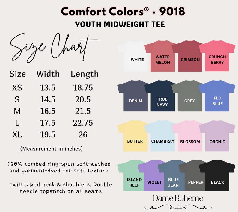 K&ouml;nnte beinhalten: Gr&ouml;&szlig;entabelle f&uuml;r mittelschwere Jugend-T-Shirts mit Ma&szlig;en in Zoll. Die Tabelle enth&auml;lt die Gr&ouml;&szlig;en XS bis XL mit den entsprechenden Breiten- und L&auml;ngenma&szlig;en. Verschiedene T-Shirt-Farben werden angezeigt, darunter Wei&szlig;, Denim und Schwarz.