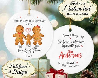 Gingerbread Family of Three Ornament Ceramic Christmas Decoration, Our First Christmas 2026, First Christmas, Personalized Family Keepsake