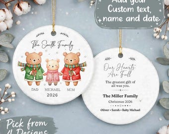 Bear Family with Baby First Christmas as a Family of 3 Personalized Ornament, Custom Names & Year Ceramic Tree Decoration, Family Keepsake