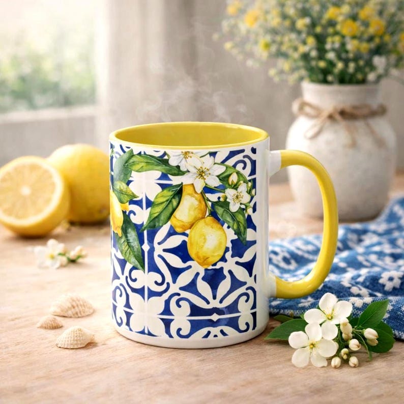 May include: White ceramic mug with a yellow handle and interior. The mug features a blue and white pattern with lemon and floral illustrations. Steam rises from the mug, suggesting a warm beverage. Lemons and flowers are arranged around the mug.