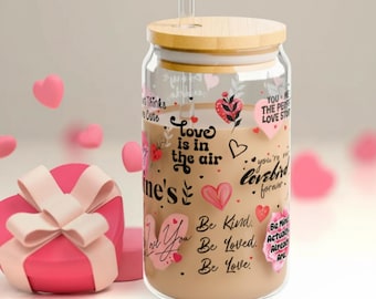 Valentine's Day Sipper Glass, Heart Doodle Collage, Romantic Gift, Love Doodle Cup with Bamboo Lid and Reusable Straw, BPA-Free 16oz