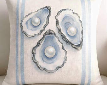 Watercolor Oyster Pillow Cover, Coastal Nautical Hamptons Style Cushion, Beach House Decor, Spun Polyester Square Pillowcase