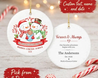 Snowman Family with Baby Ceramic Ornament, Personalized Family of 3 Round Ornament, Our First Christmas Together 2026, Christmas Keepsake