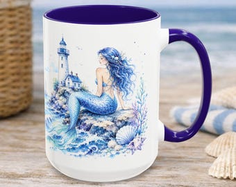 Blue Watercolor Mermaid Lighthouse Mug, Coastal Ceramic Coffee Cup (11oz/15oz), Mermaid Coffee Mug, Beach Coffee Mug, Nautical Mug