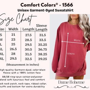 K&ouml;nnte beinhalten: Ein rot-oranges Comfort Colors Unisex-Sweatshirt, st&uuml;ckgef&auml;rbt. Das Bild enth&auml;lt eine Gr&ouml;&szlig;entabelle mit Ma&szlig;en in Zoll und Details zu Stoff und Verarbeitung. Das Sweatshirt hat einen Rundhalsausschnitt und lange &Auml;rmel.