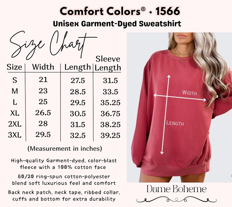 K&ouml;nnte beinhalten: Ein rot-oranges Comfort Colors Unisex-Sweatshirt, st&uuml;ckgef&auml;rbt. Das Bild enth&auml;lt eine Gr&ouml;&szlig;entabelle mit Ma&szlig;en in Zoll und Details zu Stoff und Verarbeitung. Das Sweatshirt hat einen Rundhalsausschnitt und lange &Auml;rmel.