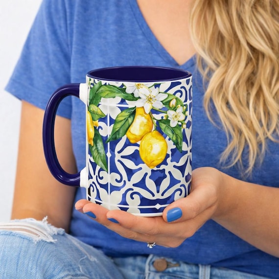 Amalfi Lemon Ceramic Mug, Mediterranean Blue Tile Drinkware, Summer Ceramic Mug, Italian Coastal Kitchen Decor, Coffee Mug with Lemons