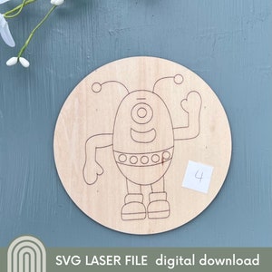 Proyecto para colorear de Alien Monster n.° 4: archivo SVG redondo cortado con láser para niños/regalo para papá/madre/abuelo/cualquier ser querido. Perchas gratis