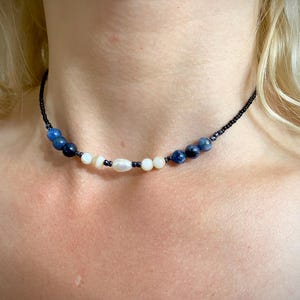 Seashell Blue Gemstone Choker | Handmade Beach Necklace | Small Boho Chic Ocean Jewelry | Mother of Pearl Bead Necklace | Summer Gift