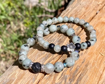 2 pc Blue Jade Stacking Bracelet | Beach Jewelry,  Boho-Chic, Gift for Women, Flower Charm, Matching Set, Essential Oil Bead, Birthday Gift