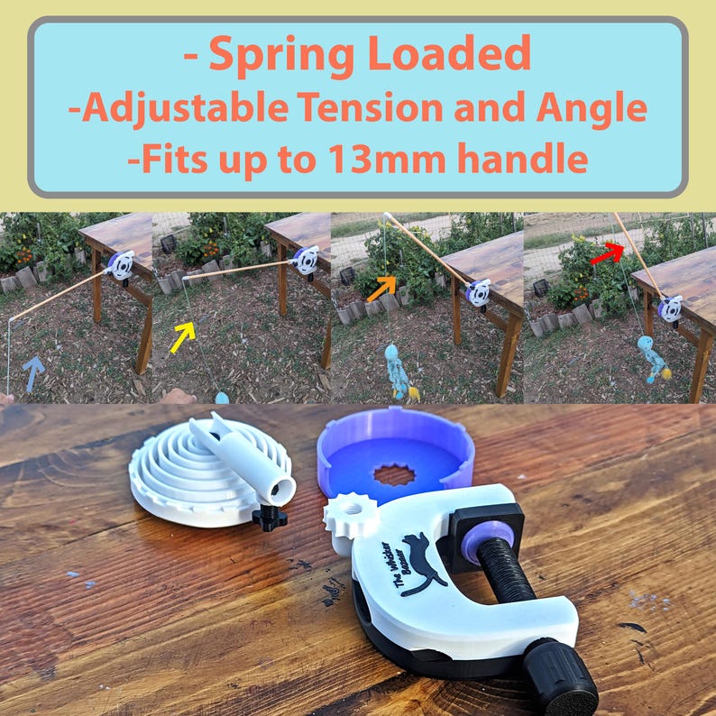 May include: A white and black clamp with the text "The Whisker Bazaar" and a cat silhouette. The image also shows a white coil, a purple ring, and a series of images demonstrating the product's use. Text on the image reads: "Spring Loaded, Adjustable Tension and Angle, Fits up to 13mm handle."