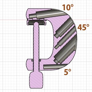 K&ouml;nnte beinhalten: Querschnittsdiagramm einer C-Klemme, das interne Komponenten und Winkel zeigt. Die Klemme ist rosa mit einer Gewindestange und Metallzylindern in Winkeln von 10&deg;, 45&deg; und 5&deg;. Der Hintergrund ist ein Raster.